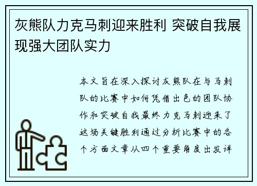 灰熊队力克马刺迎来胜利 突破自我展现强大团队实力