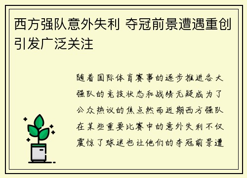 西方强队意外失利 夺冠前景遭遇重创引发广泛关注