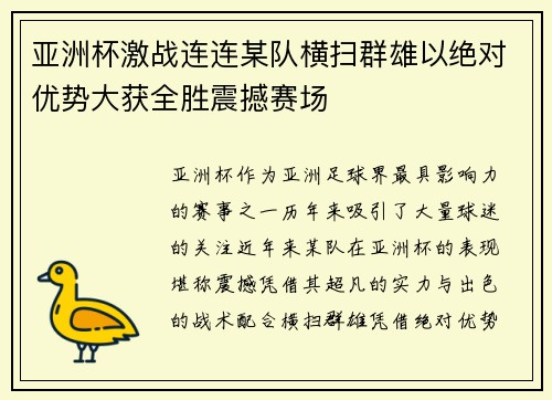 亚洲杯激战连连某队横扫群雄以绝对优势大获全胜震撼赛场