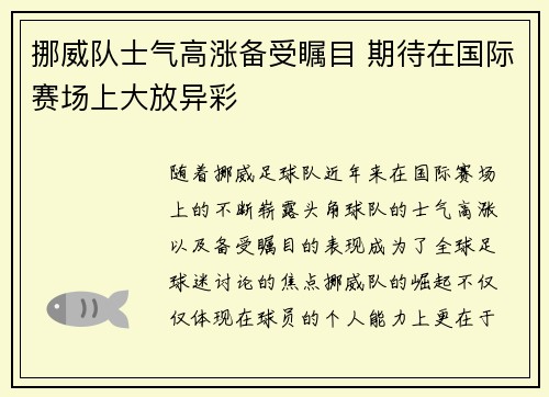 挪威队士气高涨备受瞩目 期待在国际赛场上大放异彩