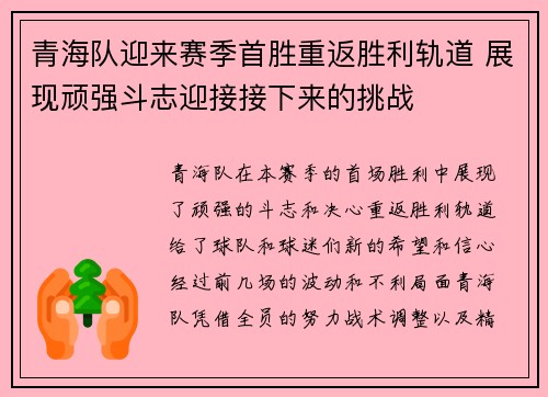 青海队迎来赛季首胜重返胜利轨道 展现顽强斗志迎接接下来的挑战
