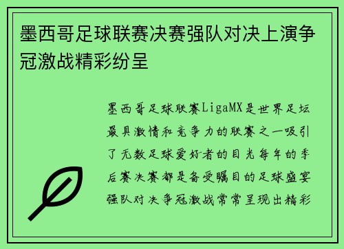 墨西哥足球联赛决赛强队对决上演争冠激战精彩纷呈