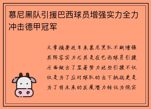 慕尼黑队引援巴西球员增强实力全力冲击德甲冠军