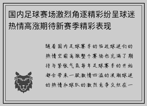 国内足球赛场激烈角逐精彩纷呈球迷热情高涨期待新赛季精彩表现