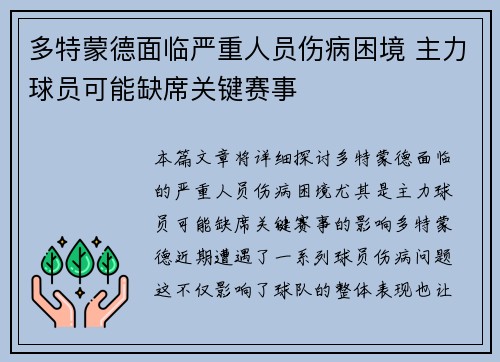 多特蒙德面临严重人员伤病困境 主力球员可能缺席关键赛事