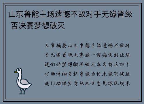 山东鲁能主场遗憾不敌对手无缘晋级 否决赛梦想破灭