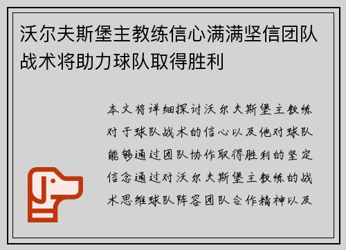 沃尔夫斯堡主教练信心满满坚信团队战术将助力球队取得胜利