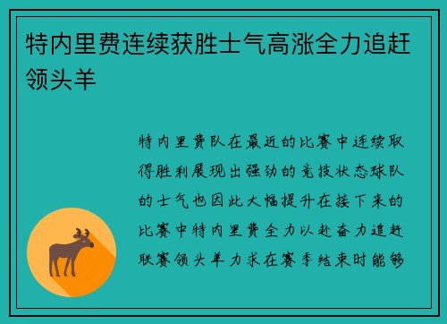 特内里费连续获胜士气高涨全力追赶领头羊