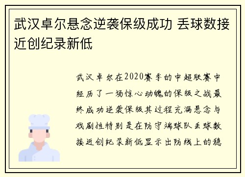 武汉卓尔悬念逆袭保级成功 丢球数接近创纪录新低